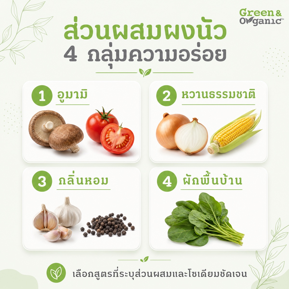 ผงนัวคืออะไร? ทำจากอะไร ต่างจากผงชูรสยังไง — นักกำหนดอาหารตอบครบ 1 อินโฟกราฟิกส่วนผสมผงนัว 4 กลุ่มความอร่อย: อูมามิ (เห็ดหอม มะเขือเทศ), หวานธรรมชาติ (หอมใหญ่ ข้าวโพด), กลิ่นหอม (กระเทียม พริกไทย), ผักพื้นบ้าน (ผักโขม) — เลือกสูตรที่ระบุส่วนผสมและโซเดียมชัดเจน โดย Green & Organic