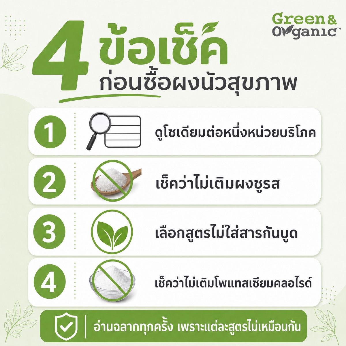 ผงนัวคืออะไร? ทำจากอะไร ต่างจากผงชูรสยังไง — นักกำหนดอาหารตอบครบ 2 อินโฟกราฟิก 4 ข้อเช็คก่อนซื้อผงนัวสุขภาพ: ดูโซเดียมต่อหนึ่งหน่วยบริโภค, เช็คว่าไม่เติมผงชูรส, เลือกสูตรไม่ใส่สารกันบูด, เช็คว่าไม่เติมโพแทสเซียมคลอไรด์ — อ่านฉลากทุกครั้งเพราะแต่ละสูตรไม่เหมือนกัน