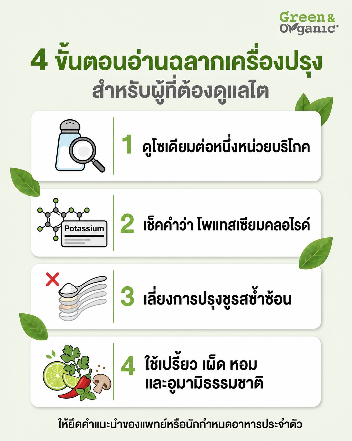 อินโฟกราฟิก 4 ขั้นตอนอ่านฉลากเครื่องปรุงสำหรับผู้ที่ต้องดูแลไต: ดูโซเดียมต่อหนึ่งหน่วยบริโภค, เช็คคำว่าโพแทสเซียมคลอไรด์, เลี่ยงการปรุงชูรสซ้ำซ้อน, ใช้เปรี้ยว เผ็ด หอม และอูมามิธรรมชาติ