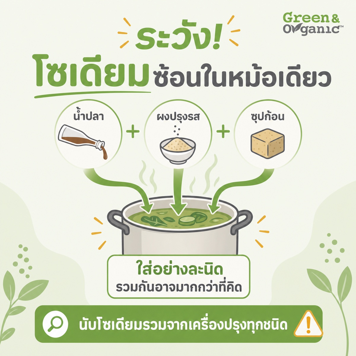เทียบช้อนต่อช้อน โซเดียมในน้ำปลา ซีอิ๊ว ผงปรุงรส ซุปก้อน 2 อินโฟกราฟิกเตือนโซเดียมซ้อนในหม้อเดียว: น้ำปลา + ผงปรุงรส + ซุปก้อน ใส่อย่างละนิดแต่รวมกันอาจมากกว่าที่คิด ให้นับโซเดียมรวมจากเครื่องปรุงทุกชนิด