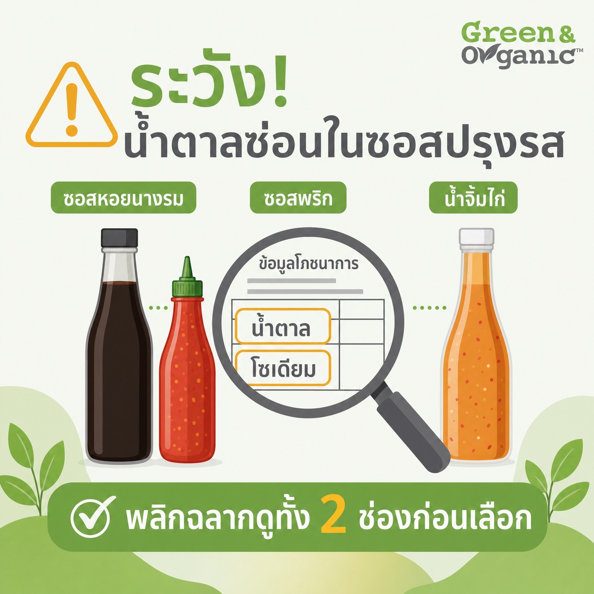 อินโฟกราฟิกเตือนน้ำตาลซ่อนในซอสปรุงรส: ซอสหอยนางรม ซอสพริก น้ำจิ้มไก่ — พลิกฉลากดูทั้งช่องน้ำตาลและโซเดียมก่อนเลือก
