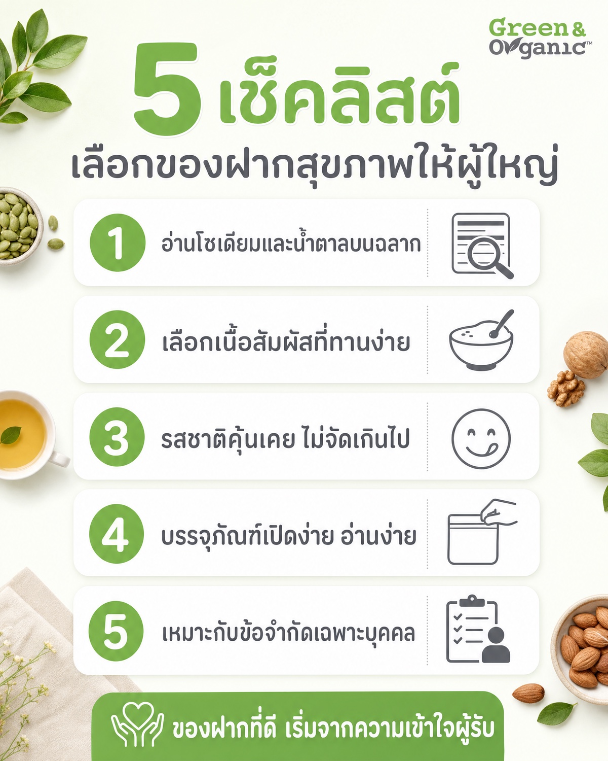 อินโฟกราฟิก 5 เช็คลิสต์เลือกของฝากสุขภาพให้ผู้ใหญ่: อ่านโซเดียมและน้ำตาลบนฉลาก, เลือกเนื้อสัมผัสที่ทานง่าย, รสชาติคุ้นเคยไม่จัดเกินไป, บรรจุภัณฑ์เปิดง่ายอ่านง่าย, เหมาะกับข้อจำกัดเฉพาะบุคคล