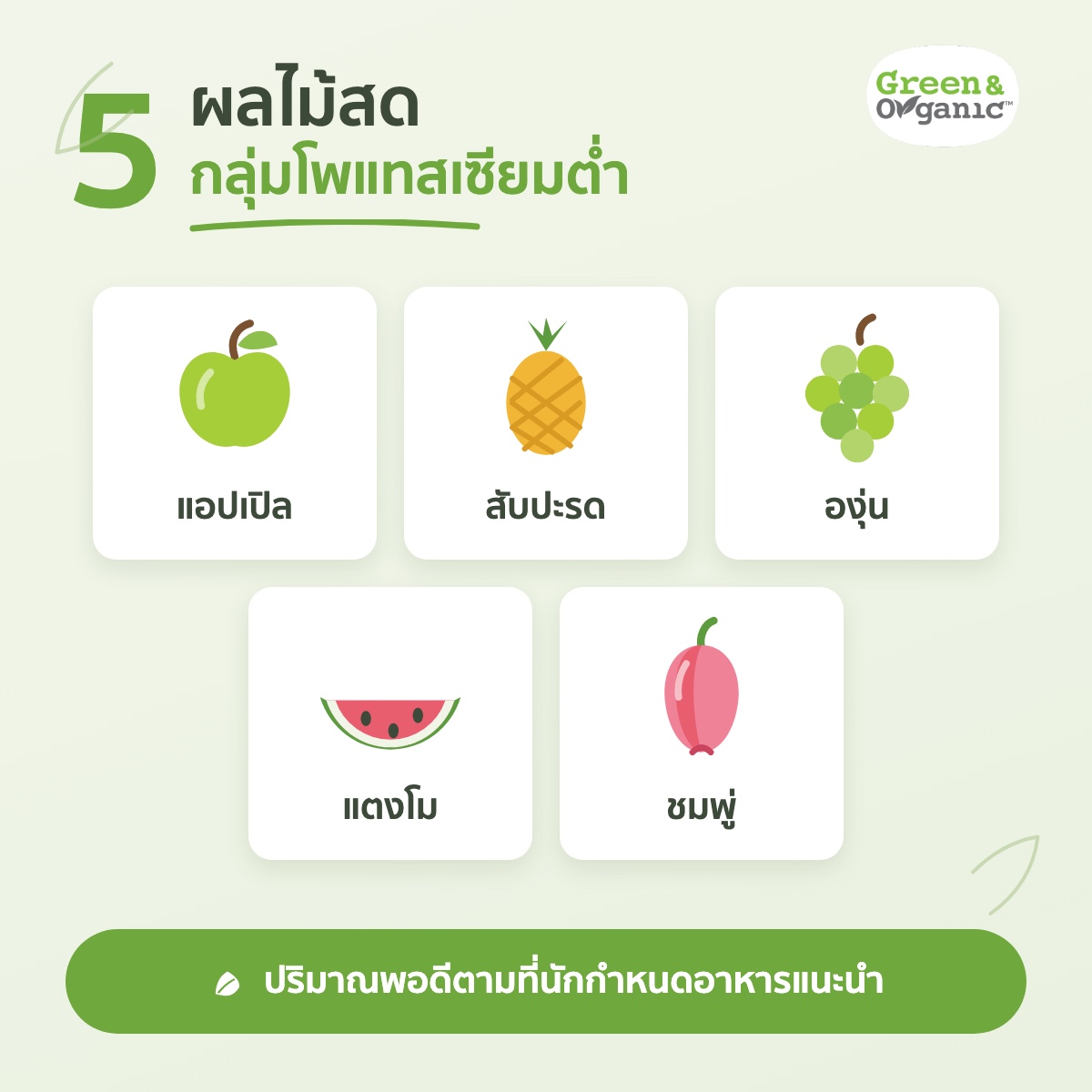 อินโฟกราฟิก 5 ผลไม้สดกลุ่มโพแทสเซียมต่ำ: แอปเปิล สับปะรด องุ่น แตงโม ชมพู่ — ปริมาณพอดีตามที่นักกำหนดอาหารแนะนำ โดย Green & Organic
