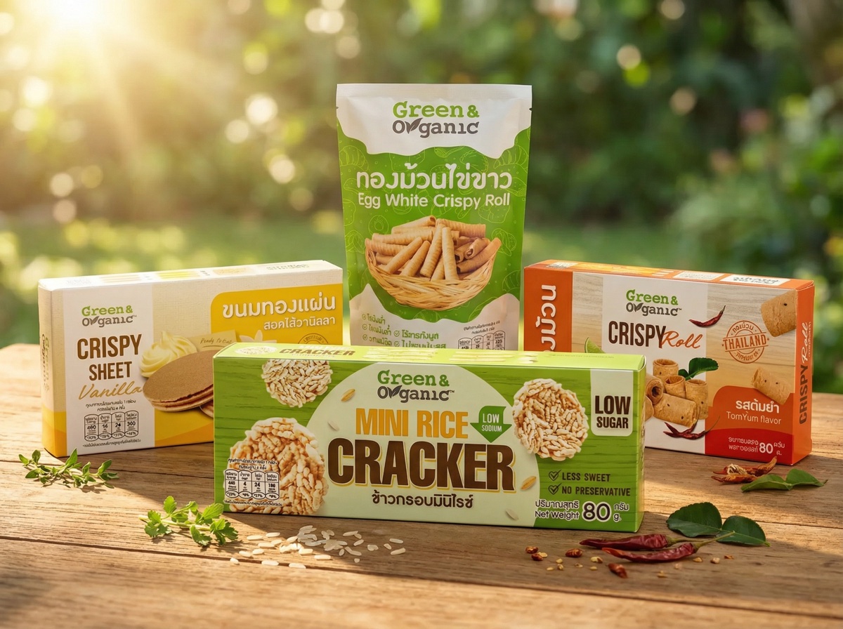 ขนมเพื่อสุขภาพ Green & Organic 4 รายการ: ทองม้วนไข่ขาว ขนมทองแผ่นสอดไส้วานิลลา ข้าวกรอบมินิไรซ์ (โซเดียมต่ำ น้ำตาลน้อย) และทองม้วนกรอบรสต้มยำ