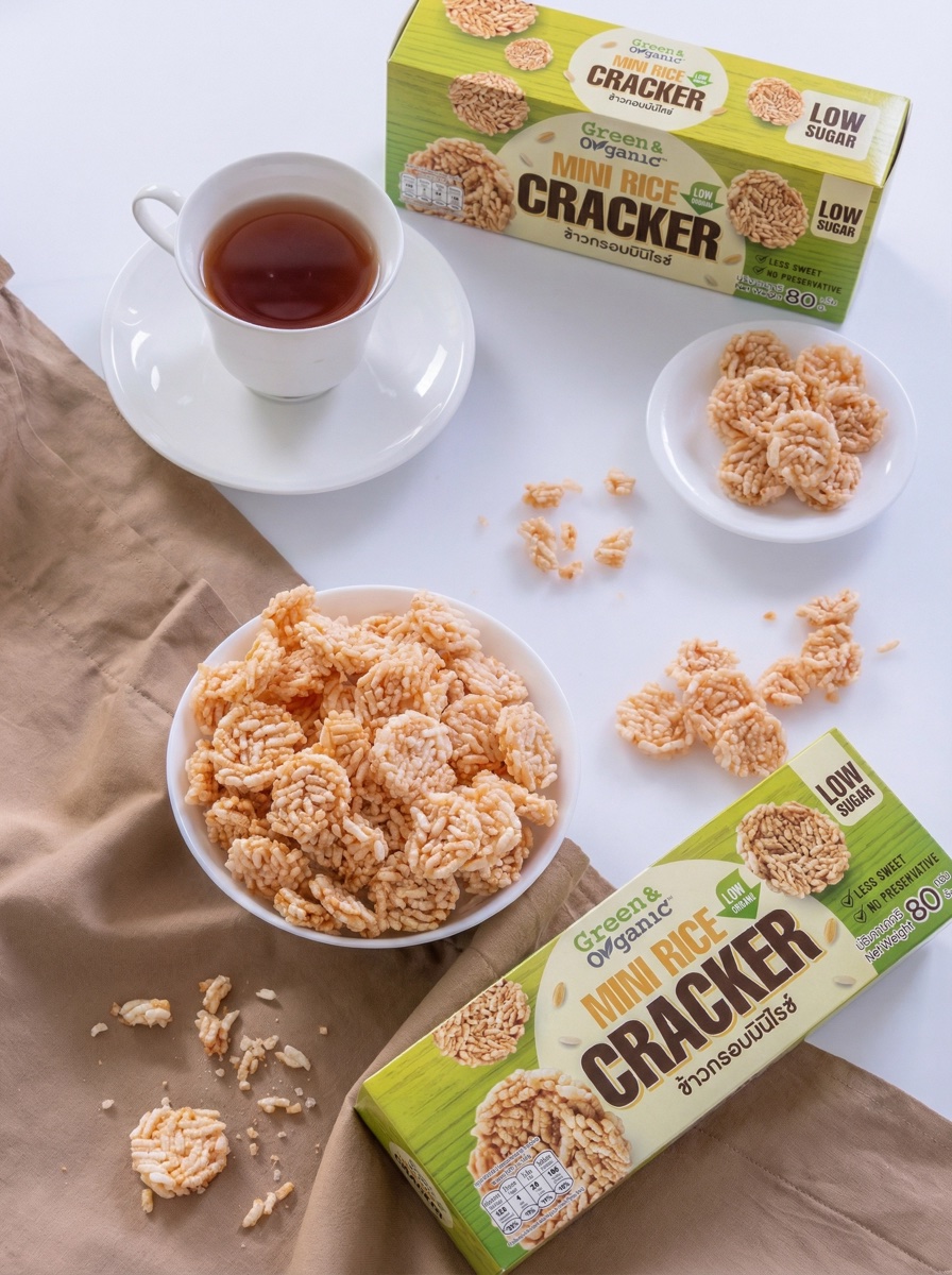 ข้าวกรอบมินิไรซ์ Green & Organic กล่องระบุ Low Sodium Low Sugar หวานน้อย ไม่ใส่สารกันบูด เสิร์ฟในถ้วยพร้อมชา