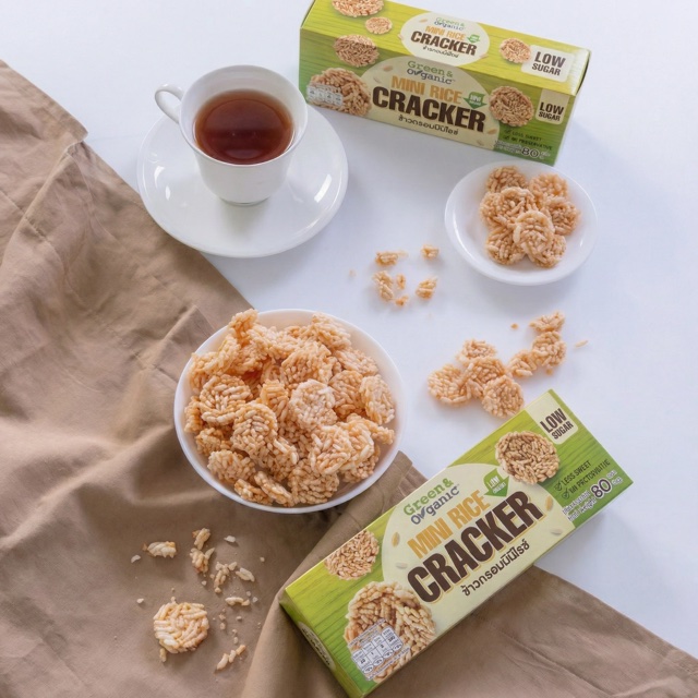 ข้าวกรอบมินิไรซ์รสดั้งเดิม ไม่โรยน้ำตาล โซเดียมต่ำ หวานน้อย Green & Organic — รูปสินค้าจริง