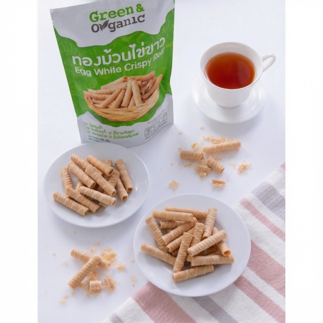 ทองม้วนไข่ขาว แป้งบางกรอบ หวานน้อย โซเดียมต่ำ ไม่มีสารกันบูด Green & Organic — รูปสินค้าจริง
